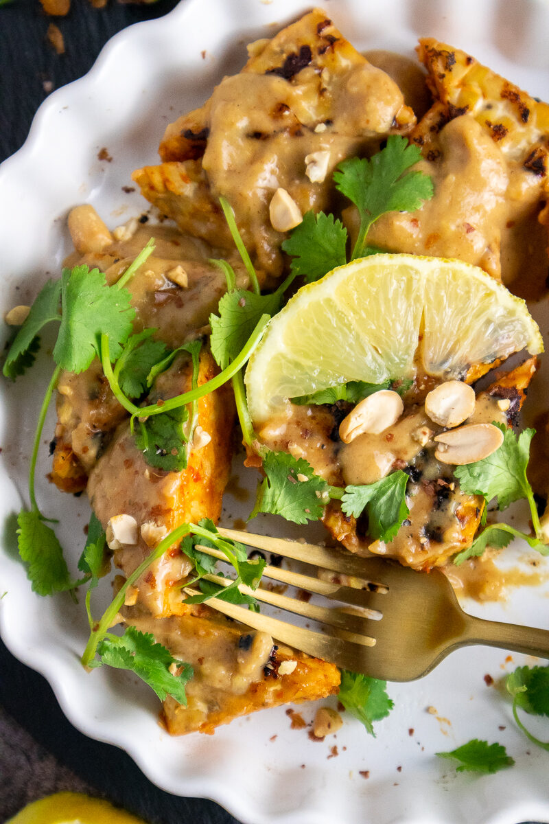 Overhead shot of garnished tempeh dish